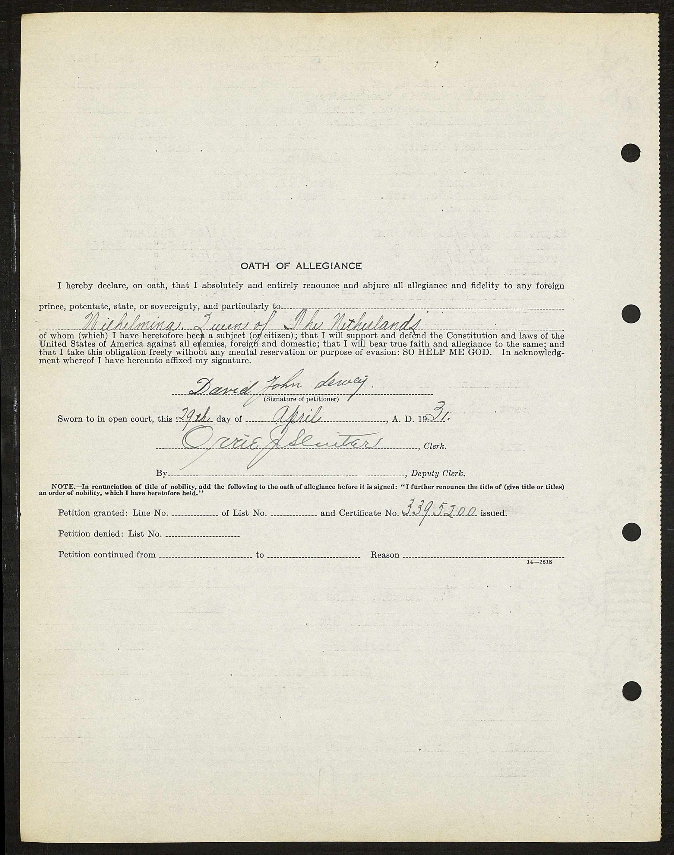 David John Dewey - Naturalization Petition 12-30-1930 pg2